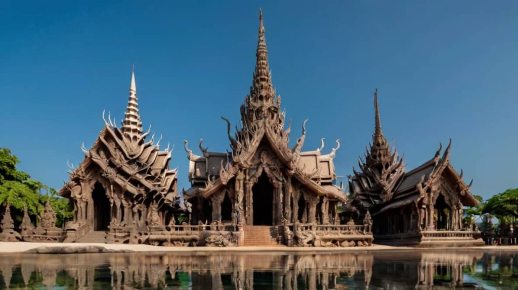 a large building with many towers and a body of water with Sanctuary of Truth in the background