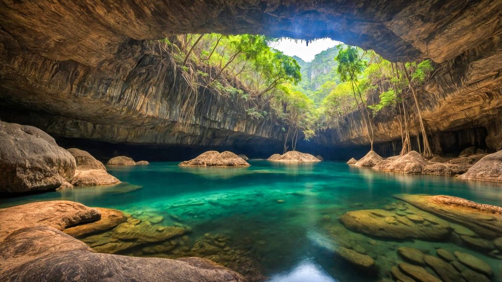a cave with a blue water and trees